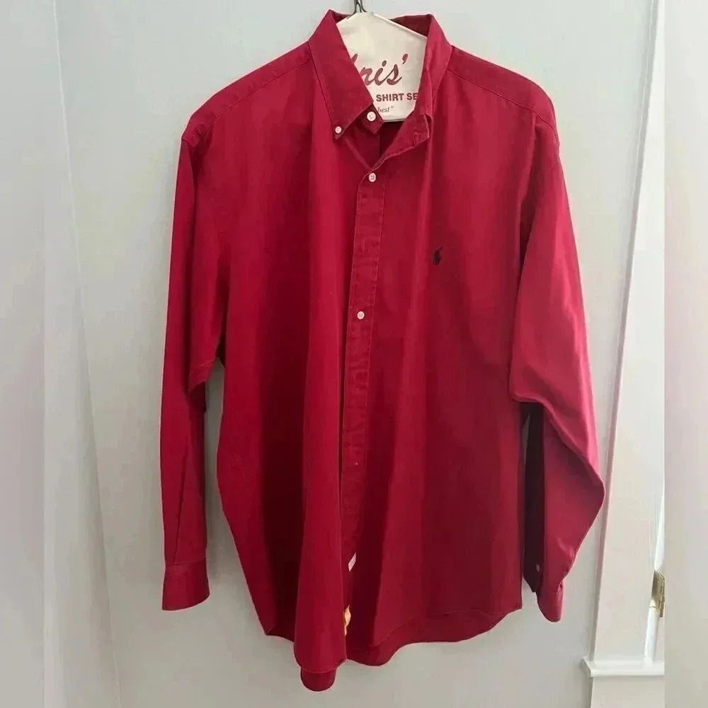 Men’s red long sleeve button down Ralph Lauren shirt